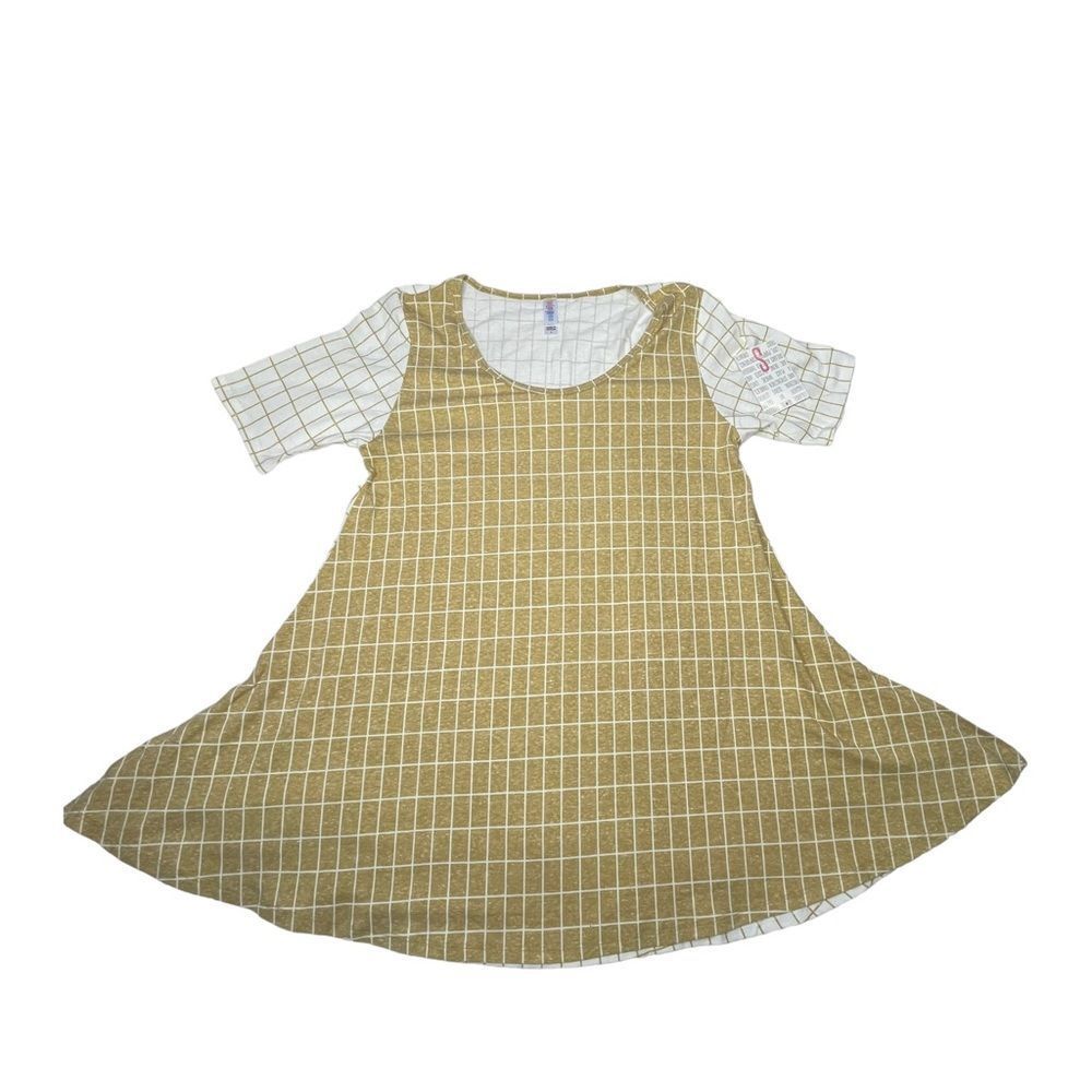 LuLaRoe Perfect T Top Flowy  Womens Small Yellow White Plaid Side Slit
